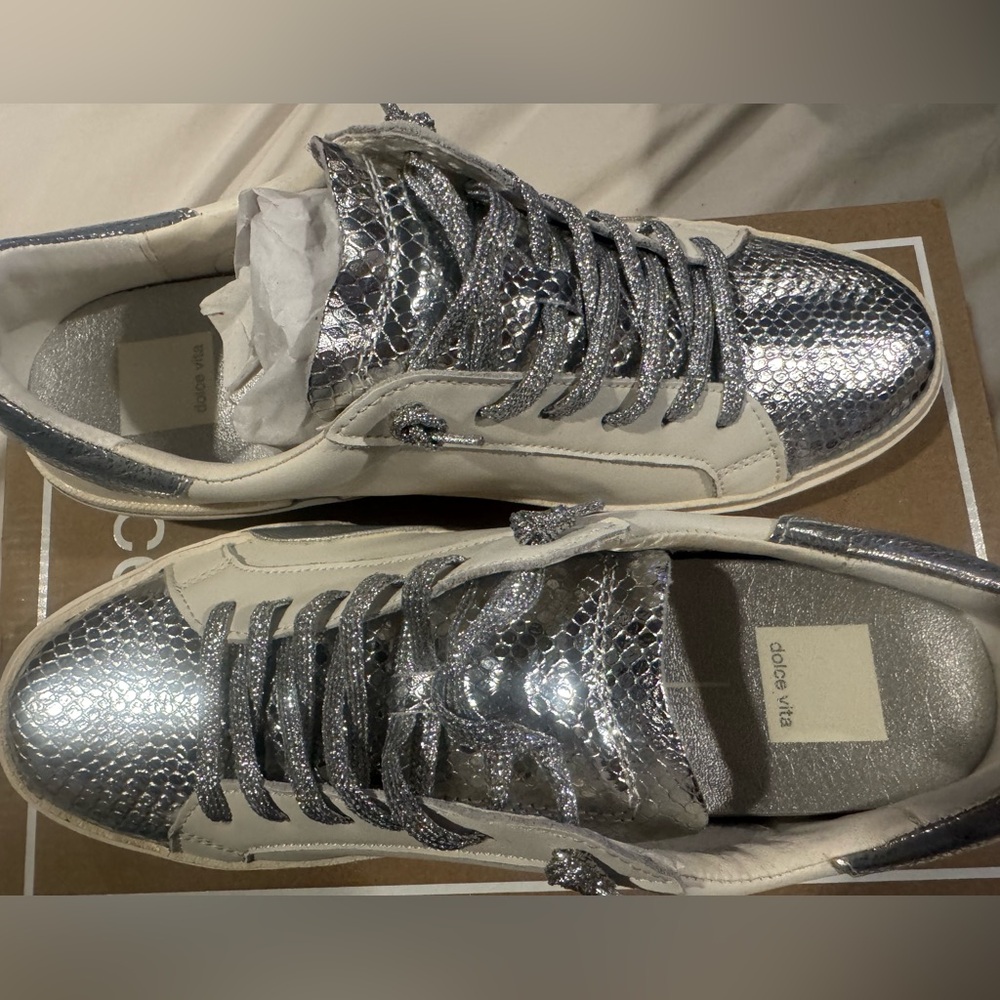 Brand new Dolce Vita Zina Metallic Silver and Cream Leather Sneakers